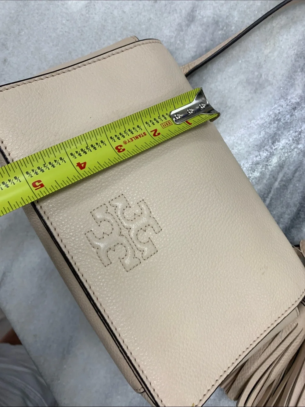 Tory Burch Neutral Beige Pebbled Leather Crossbody with Tassel - Picture 6 of 8